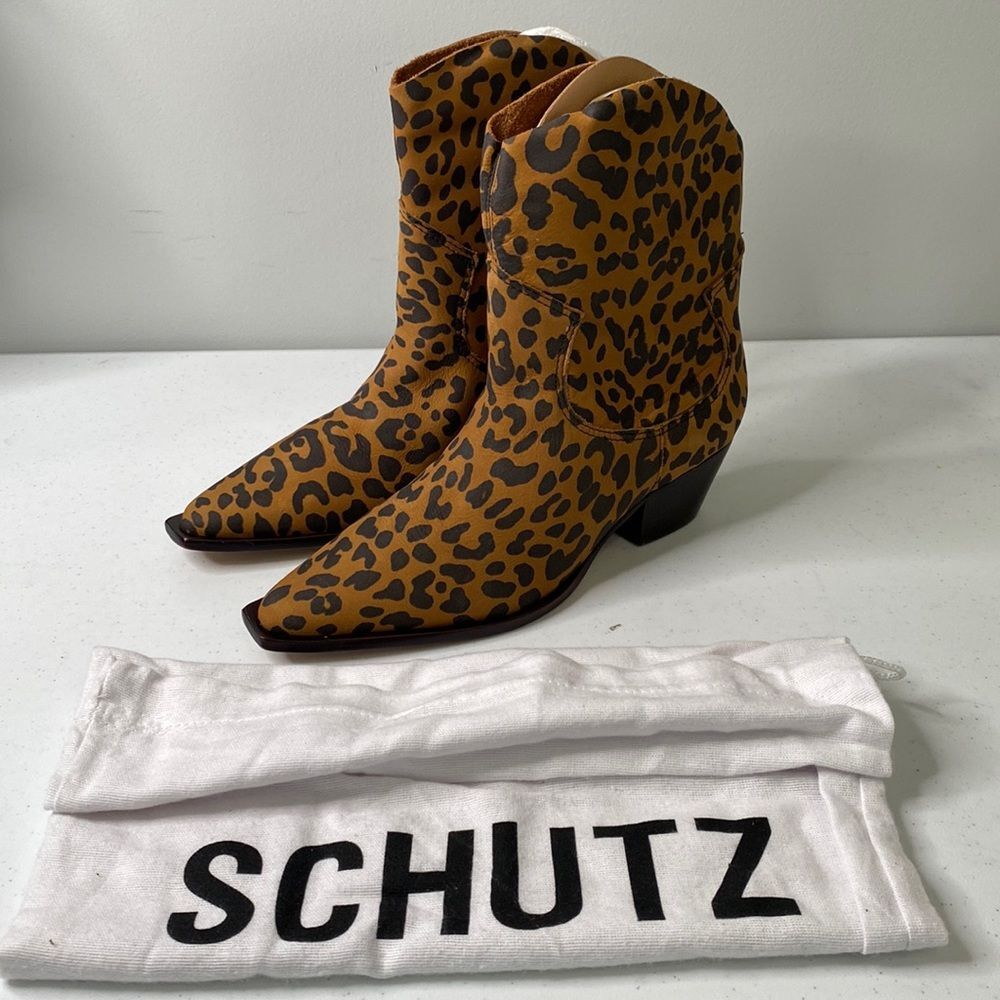 Schultz Tessie Nubuck Mid Heeled Western Leopard Point Toe Leather Western Boot